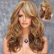  Long Wig with Fringe & curled ends 20"  50CM BROWN WITH BLOND TIPS