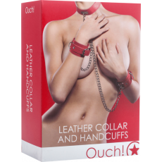 Shots OUCH Leather Collar And Handcuffs (Red)